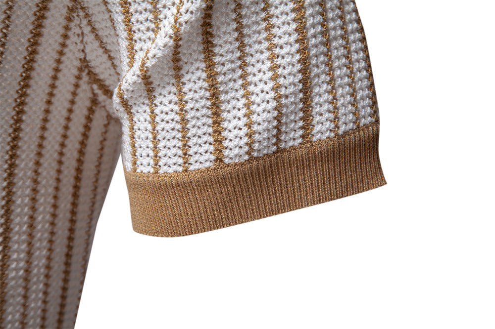 Men's Short-Sleeve Knitted Button-Up Striped Pattern and Contrast Trim Shirt