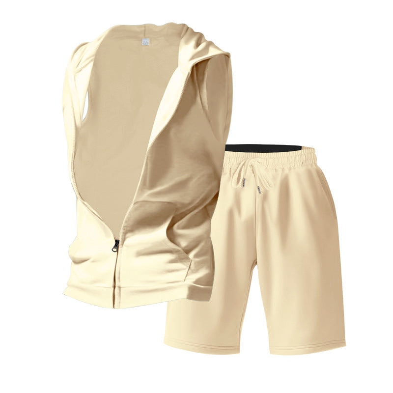 Men's Sleeveless Zipper Hoodie and Shorts Athletic Set