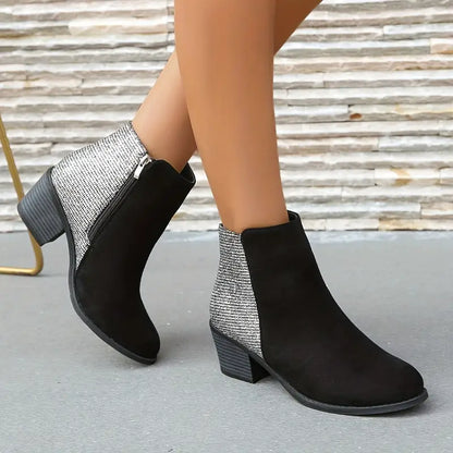 SHINY ORTHOPEDIC RHINESTONE STITCHING ANKLE BOOTS