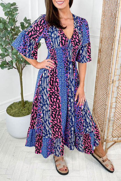 Multi-Animal Print Flowing Wide Sleeve Dress