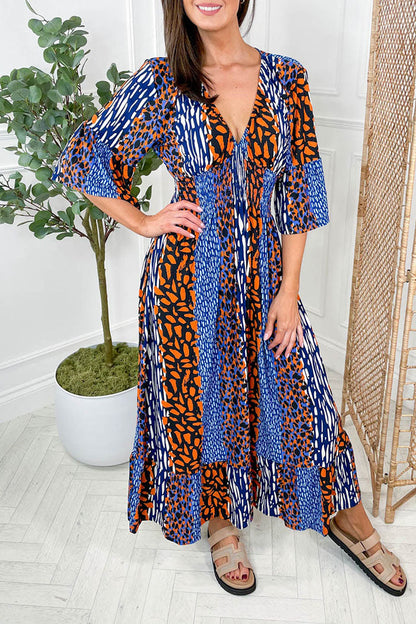 Multi-Animal Print Flowing Wide Sleeve Dress