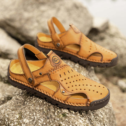 (⏰Limited Time Sale 70% OFF🔥)Men's Full-Grain Leather Sandals – Closed-Toe, Adjustable for Fishing & Gardening