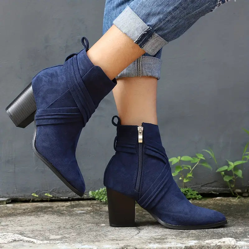 WOMEN'S SIDE ZIPPER CHUNKY HEELED ANKLE BOOTS