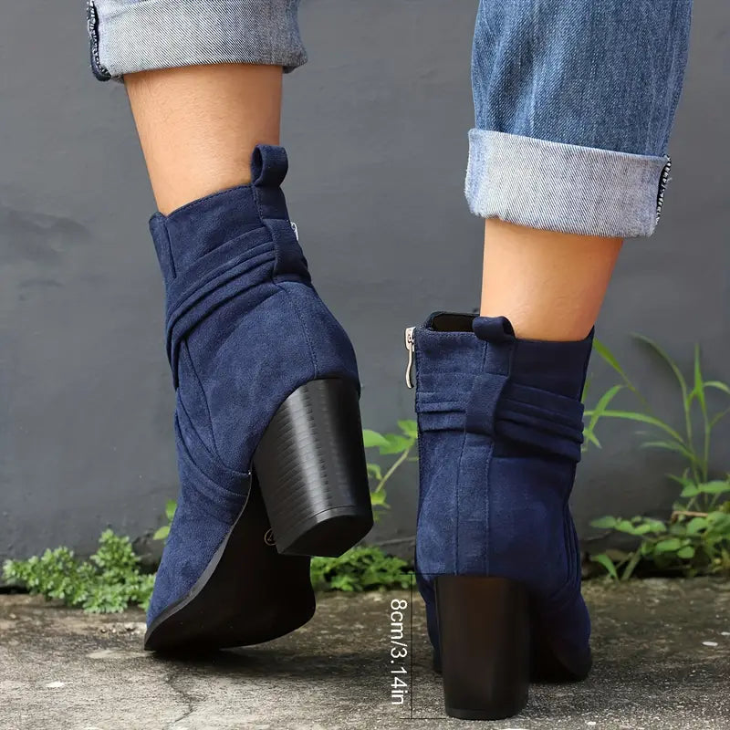 WOMEN'S SIDE ZIPPER CHUNKY HEELED ANKLE BOOTS