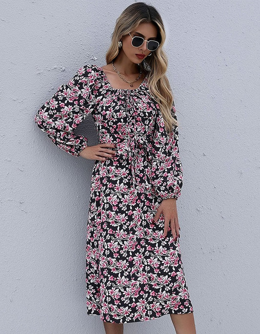 Floral Printed Square Neck Backless Long Sleeve High Waist Long A-Line Dresses