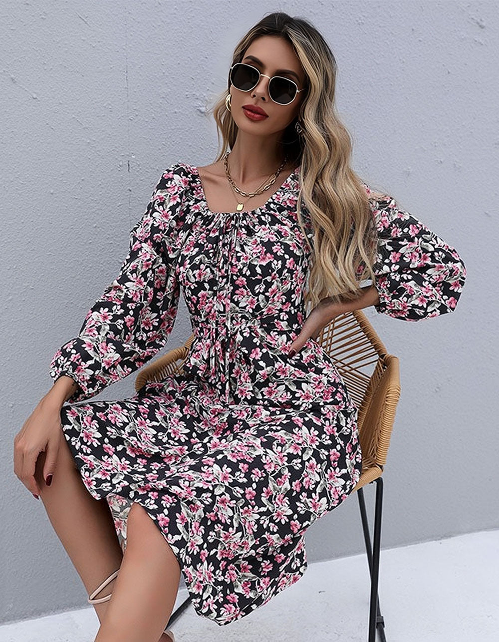 Floral Printed Square Neck Backless Long Sleeve High Waist Long A-Line Dresses