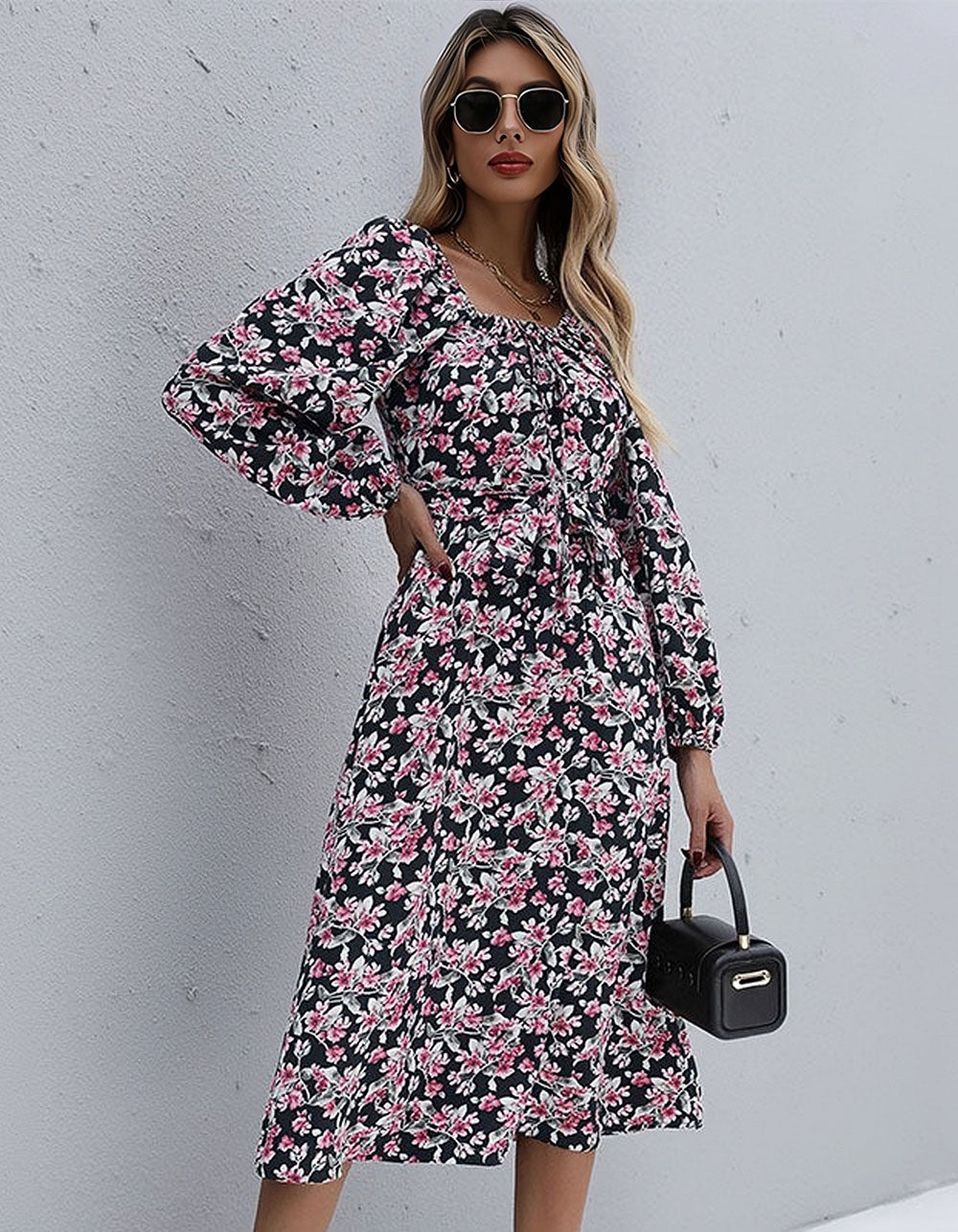 Floral Printed Square Neck Backless Long Sleeve High Waist Long A-Line Dresses