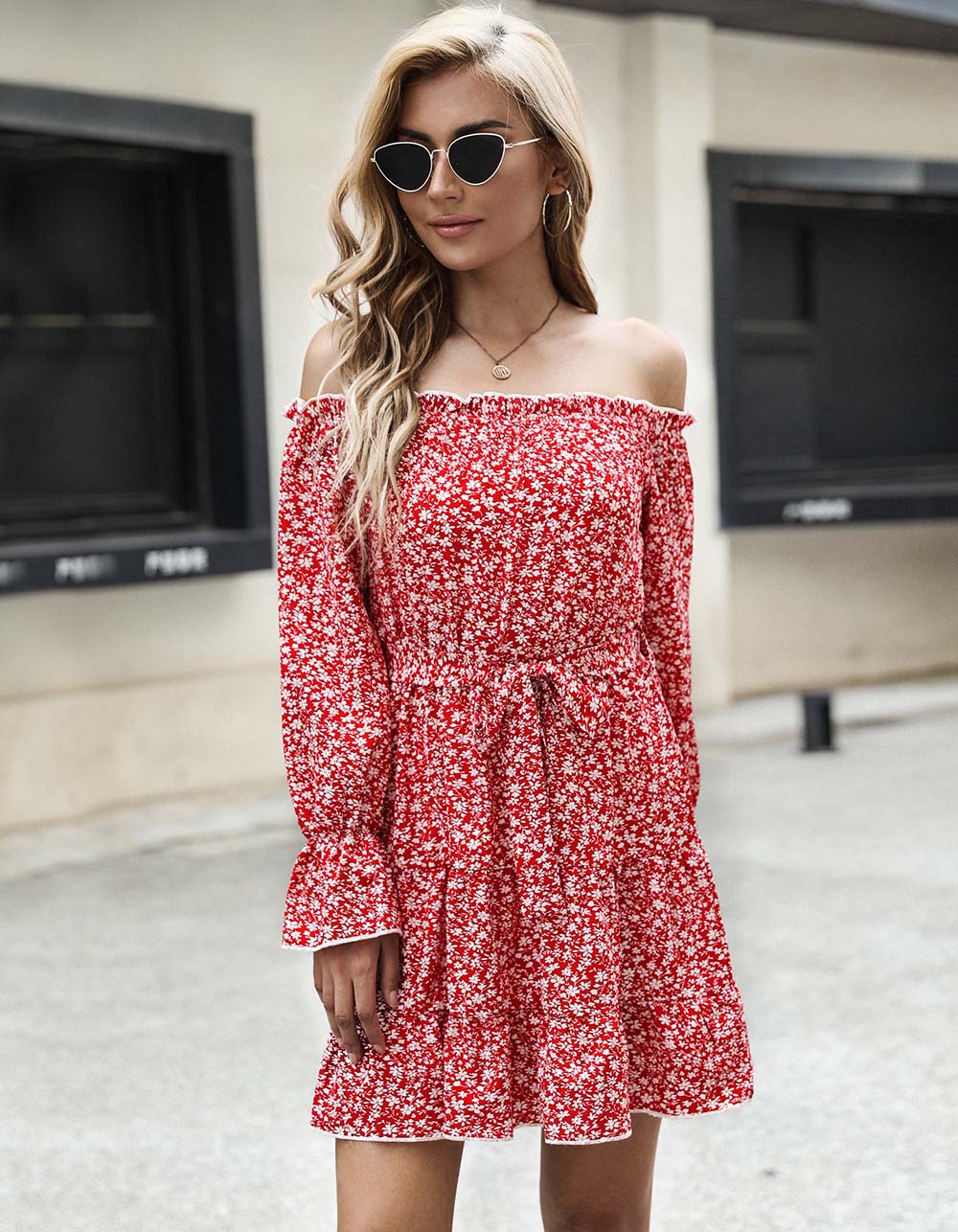 Disty Floral Long Sleeve Off The Shoulder Belted Short A-Line Dresses