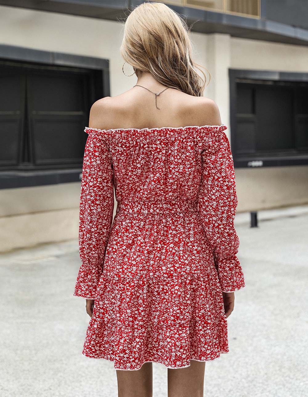 Disty Floral Long Sleeve Off The Shoulder Belted Short A-Line Dresses