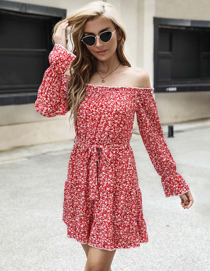 Disty Floral Long Sleeve Off The Shoulder Belted Short A-Line Dresses