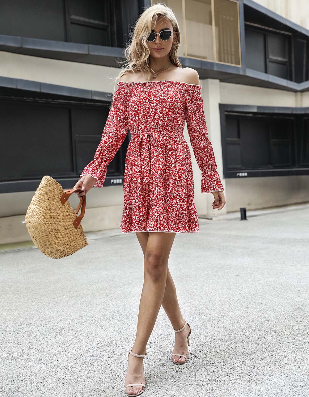 Disty Floral Long Sleeve Off The Shoulder Belted Short A-Line Dresses