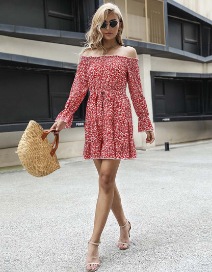 Disty Floral Long Sleeve Off The Shoulder Belted Short A-Line Dresses