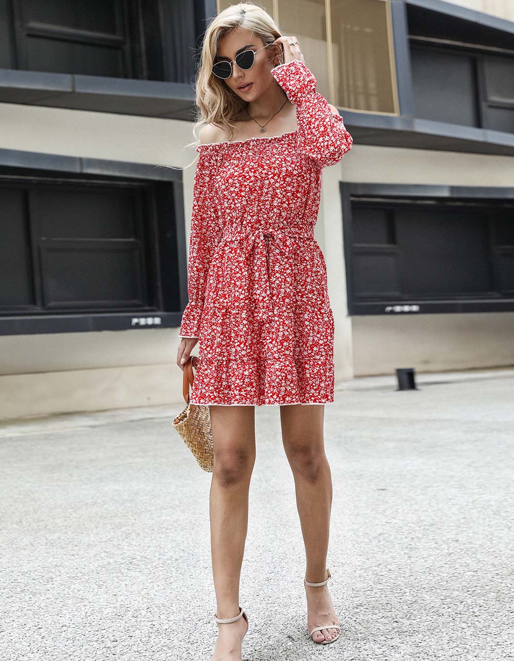 Disty Floral Long Sleeve Off The Shoulder Belted Short A-Line Dresses