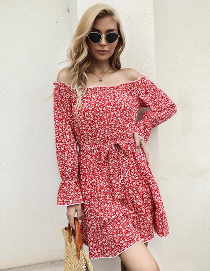 Disty Floral Long Sleeve Off The Shoulder Belted Short A-Line Dresses