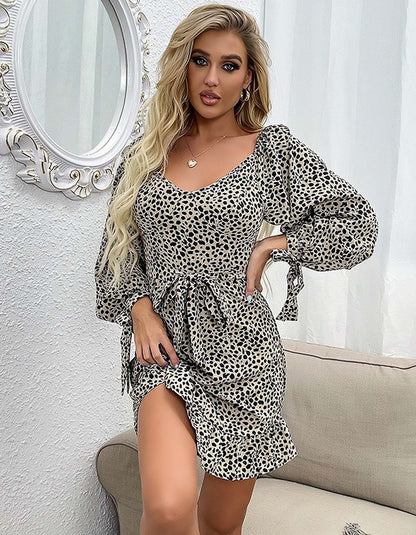 Leopard Printed V Neck Ruffle Short A-Line Dresses