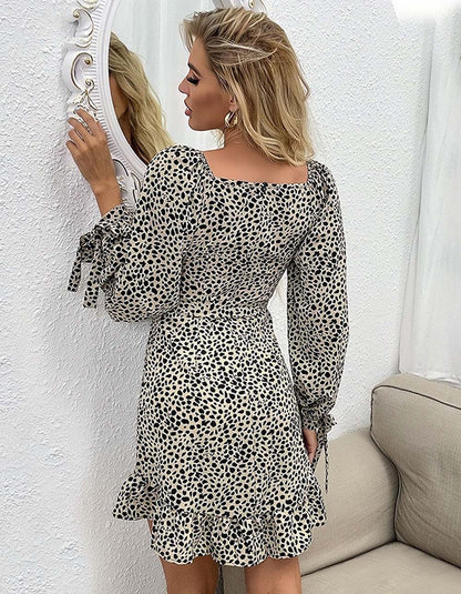 Leopard Printed V Neck Ruffle Short A-Line Dresses