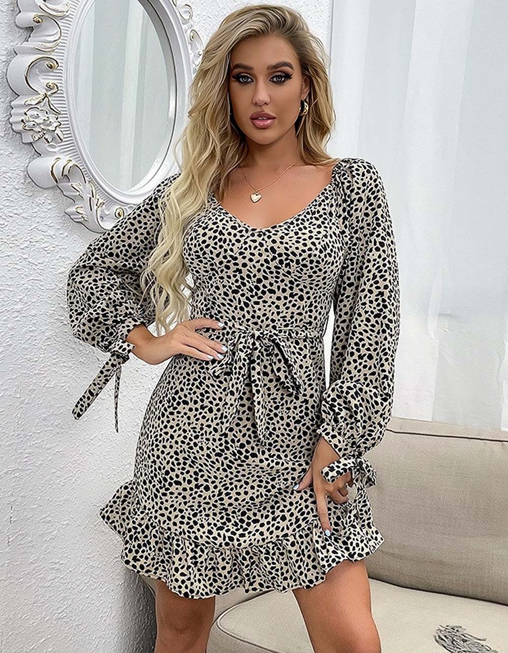 Leopard Printed V Neck Ruffle Short A-Line Dresses