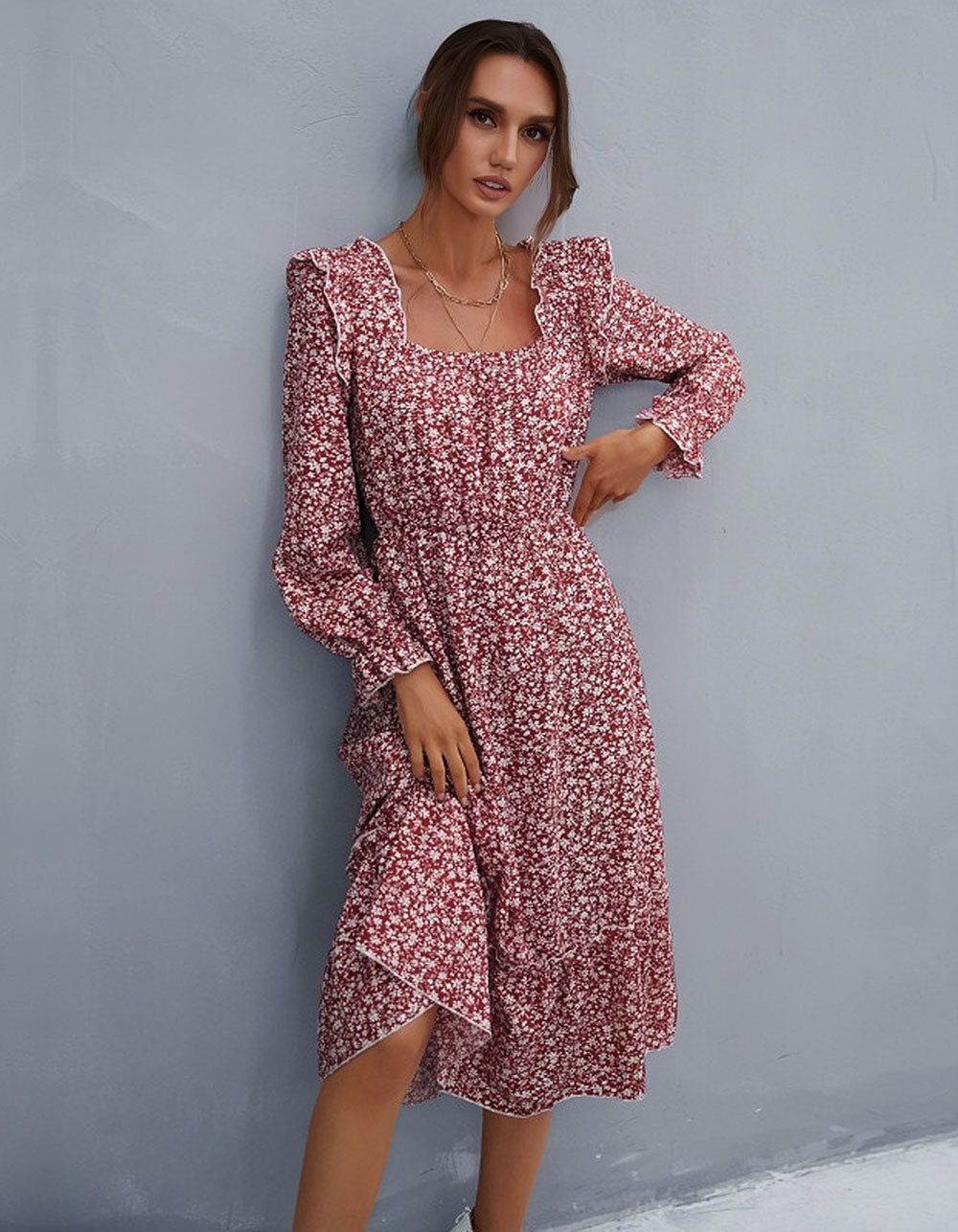 Disty Floral Long Sleeve Square Neck Midi A-Line Dresses