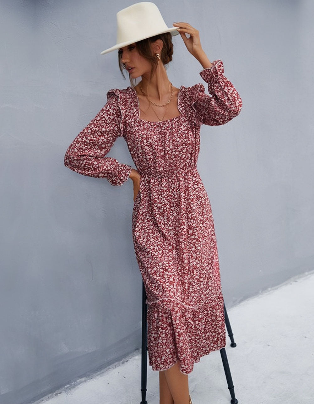 Disty Floral Long Sleeve Square Neck Midi A-Line Dresses