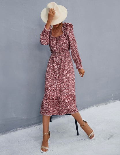 Disty Floral Long Sleeve Square Neck Midi A-Line Dresses