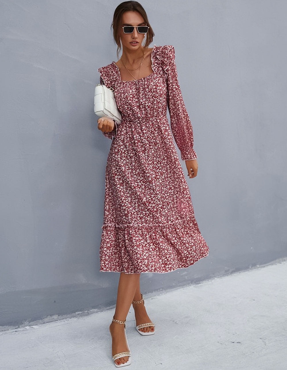 Disty Floral Long Sleeve Square Neck Midi A-Line Dresses