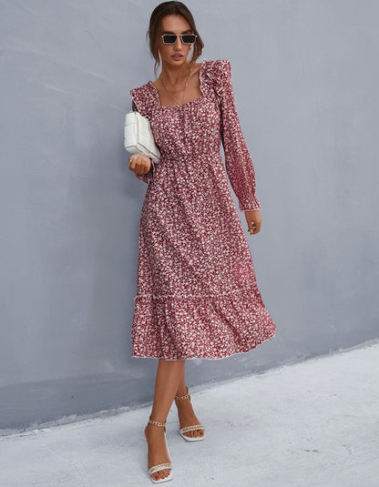 Disty Floral Long Sleeve Square Neck Midi A-Line Dresses