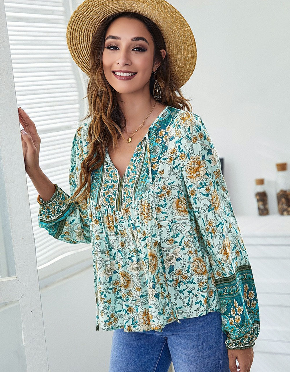 Floral Printed V-Neck Loose Lantern Long Sleeve Shirt