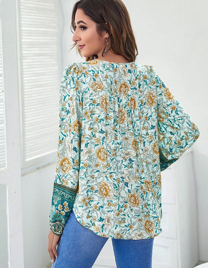 Floral Printed V-Neck Loose Lantern Long Sleeve Shirt