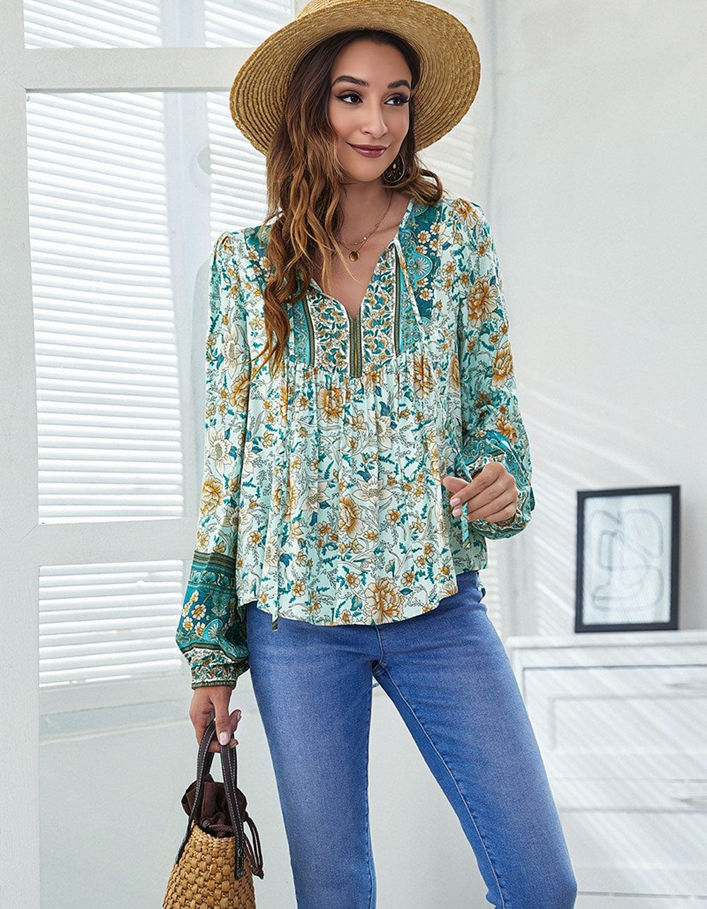 Floral Printed V-Neck Loose Lantern Long Sleeve Shirt