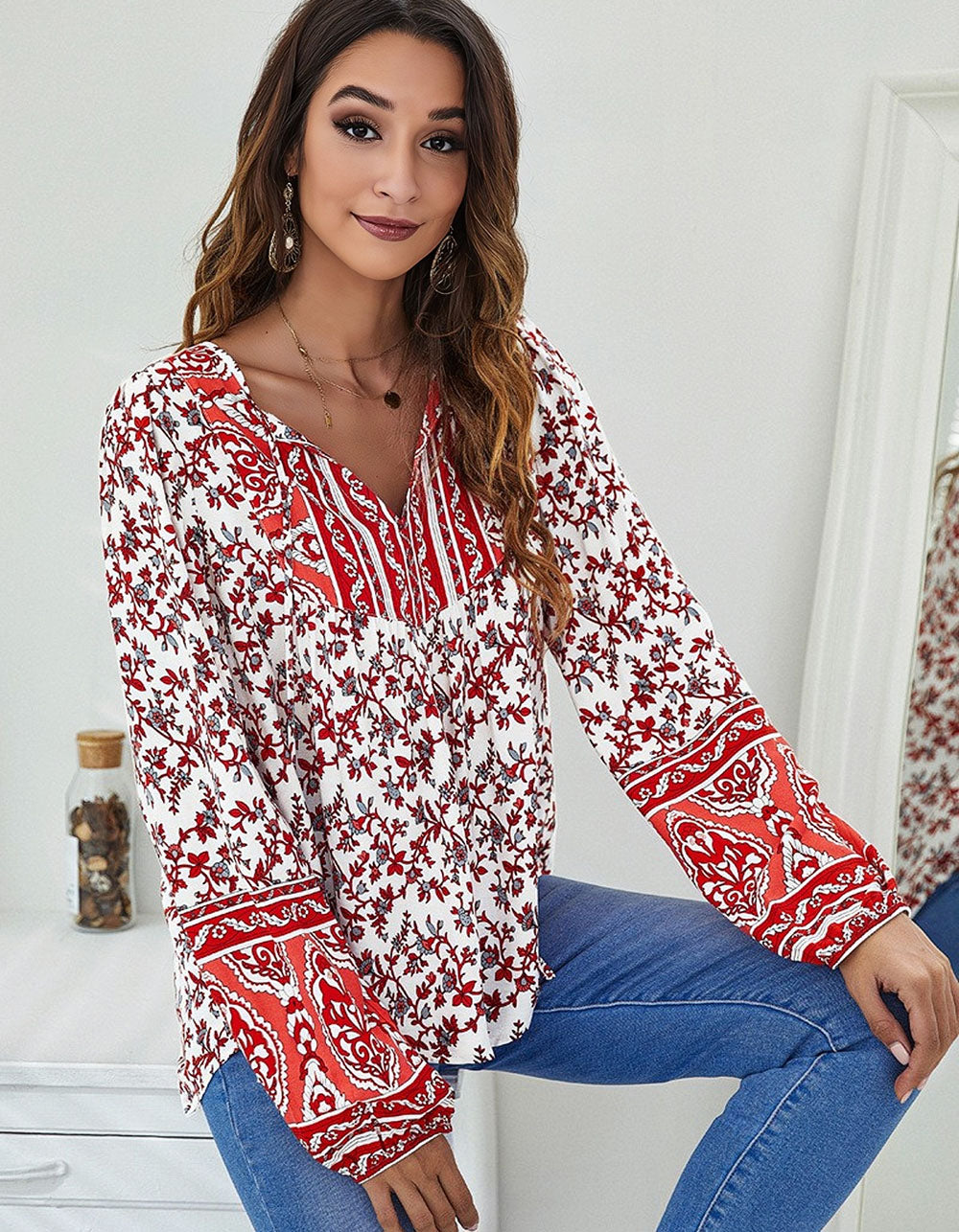 Floral Printed V-Neck Loose Lantern Long Sleeve Shirt