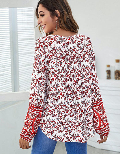 Floral Printed V-Neck Loose Lantern Long Sleeve Shirt