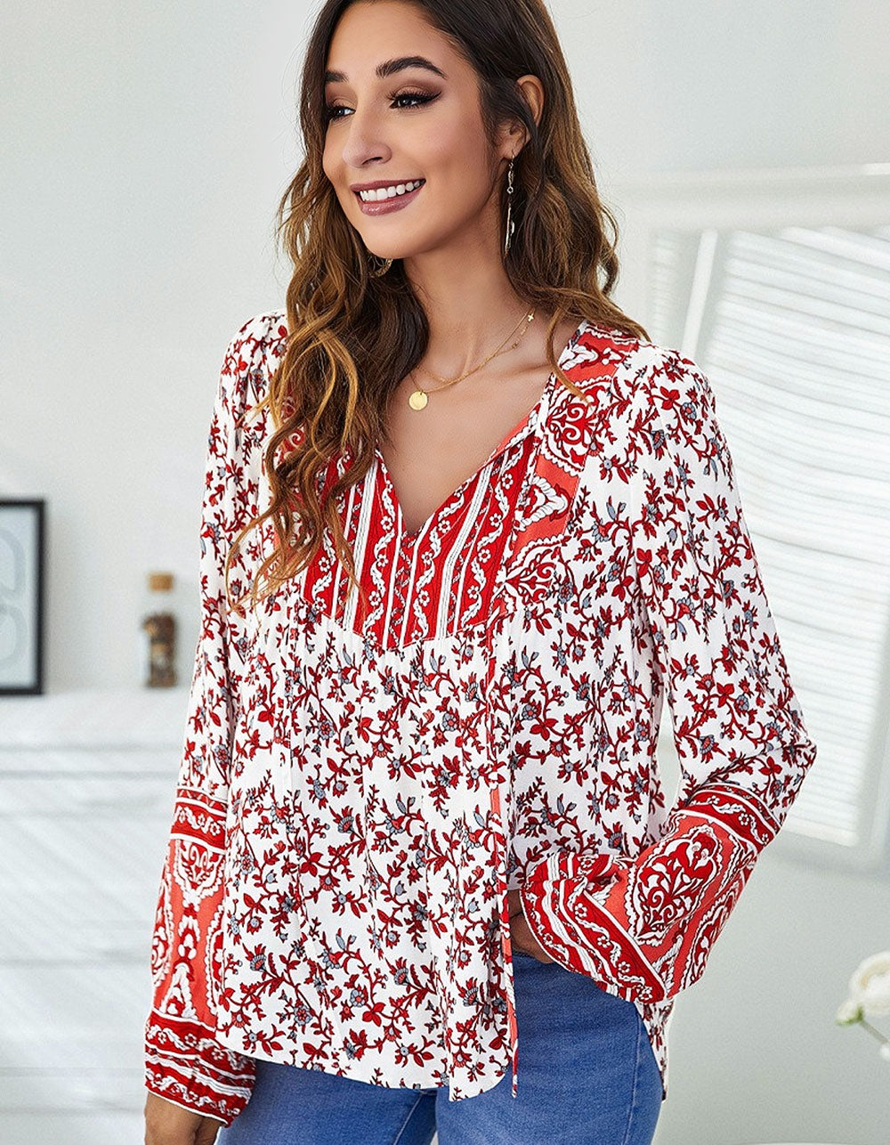 Floral Printed V-Neck Loose Lantern Long Sleeve Shirt