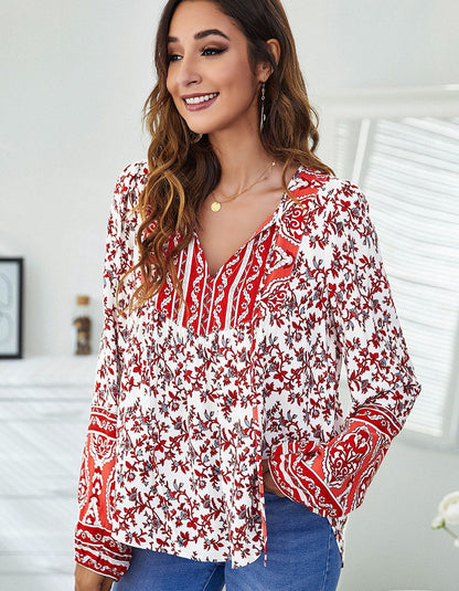 Floral Printed V-Neck Loose Lantern Long Sleeve Shirt