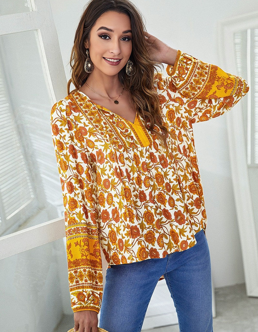 Floral Printed V-Neck Loose Lantern Long Sleeve Shirt