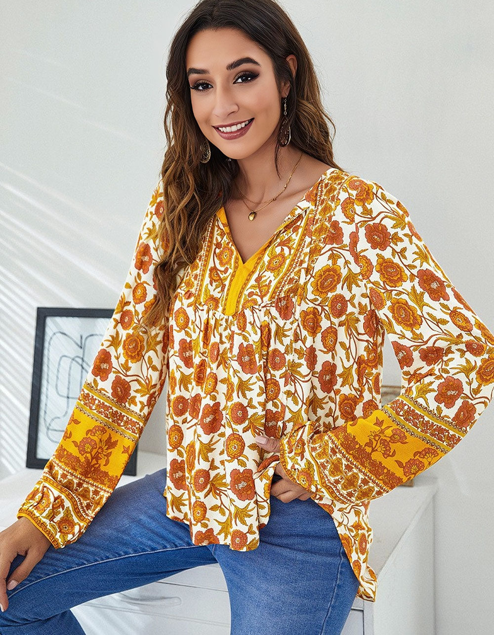 Floral Printed V-Neck Loose Lantern Long Sleeve Shirt