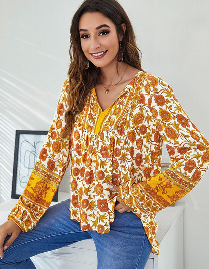 Floral Printed V-Neck Loose Lantern Long Sleeve Shirt