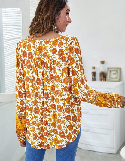 Floral Printed V-Neck Loose Lantern Long Sleeve Shirt