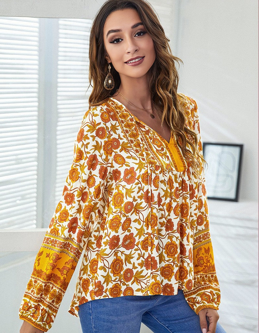 Floral Printed V-Neck Loose Lantern Long Sleeve Shirt