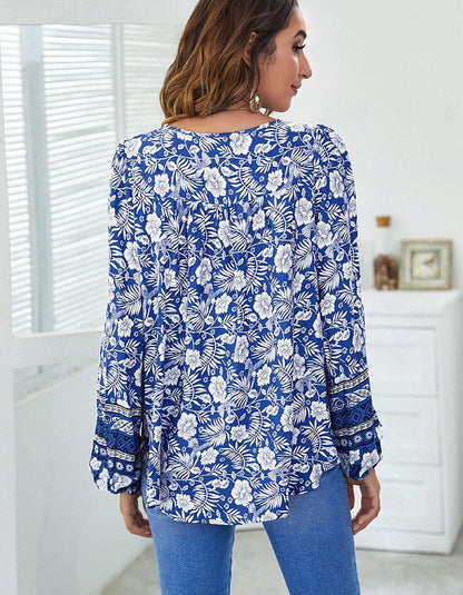 Floral Printed V-Neck Loose Lantern Long Sleeve Shirt