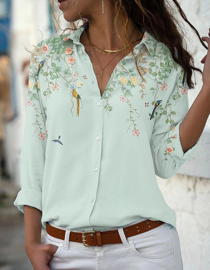 Floral Print Slim-Fit Button Front Long Sleeve Lapel Shirt