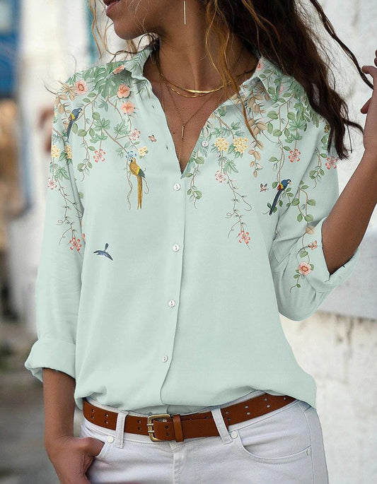 Floral Print Slim-Fit Button Front Long Sleeve Lapel Shirt