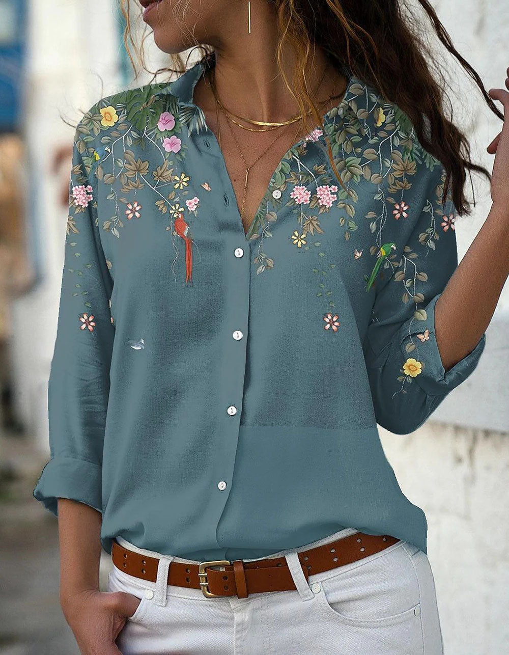 Floral Print Slim-Fit Button Front Long Sleeve Lapel Shirt