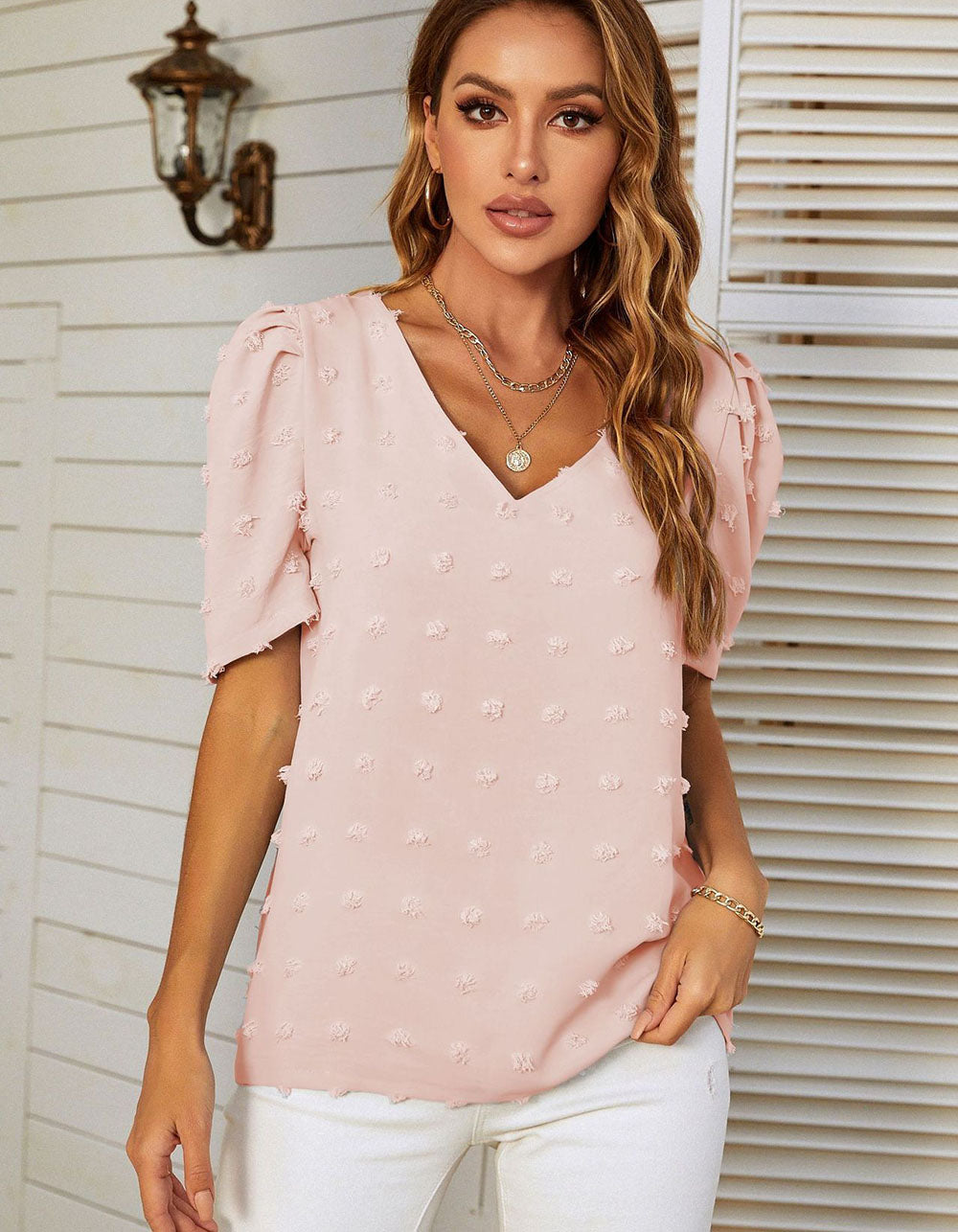 Solid-color V-neck Chiffon Short Bubble Sleeve Shirt