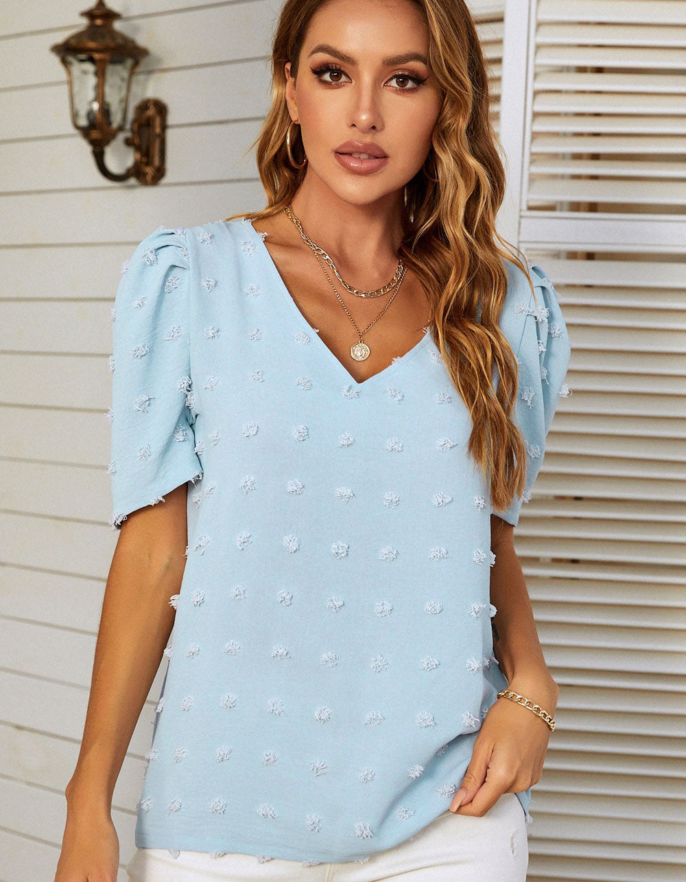 Solid-color V-neck Chiffon Short Bubble Sleeve Shirt