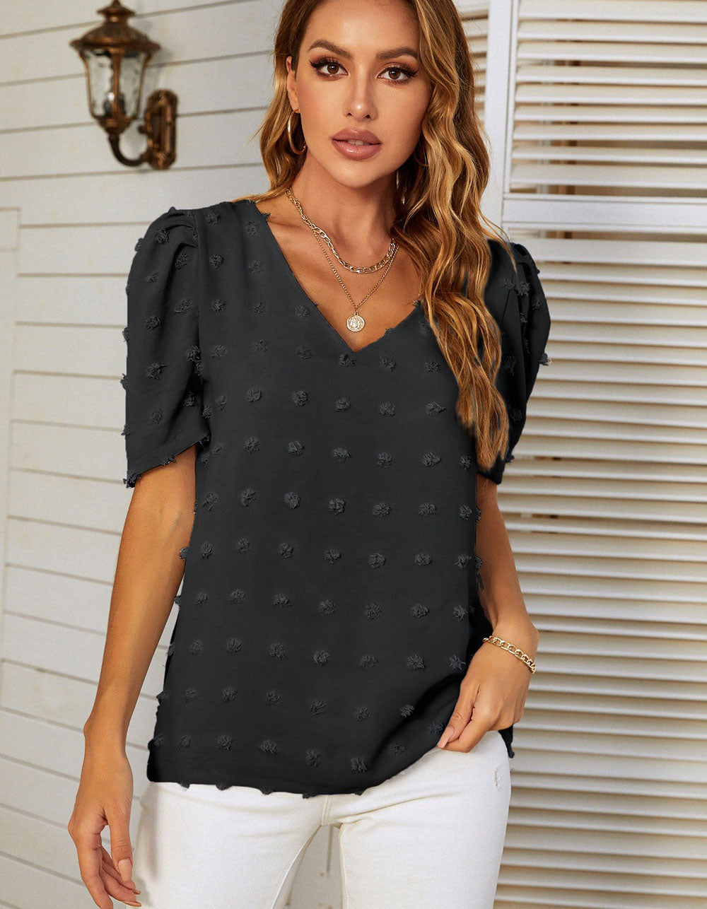 Solid-color V-neck Chiffon Short Bubble Sleeve Shirt