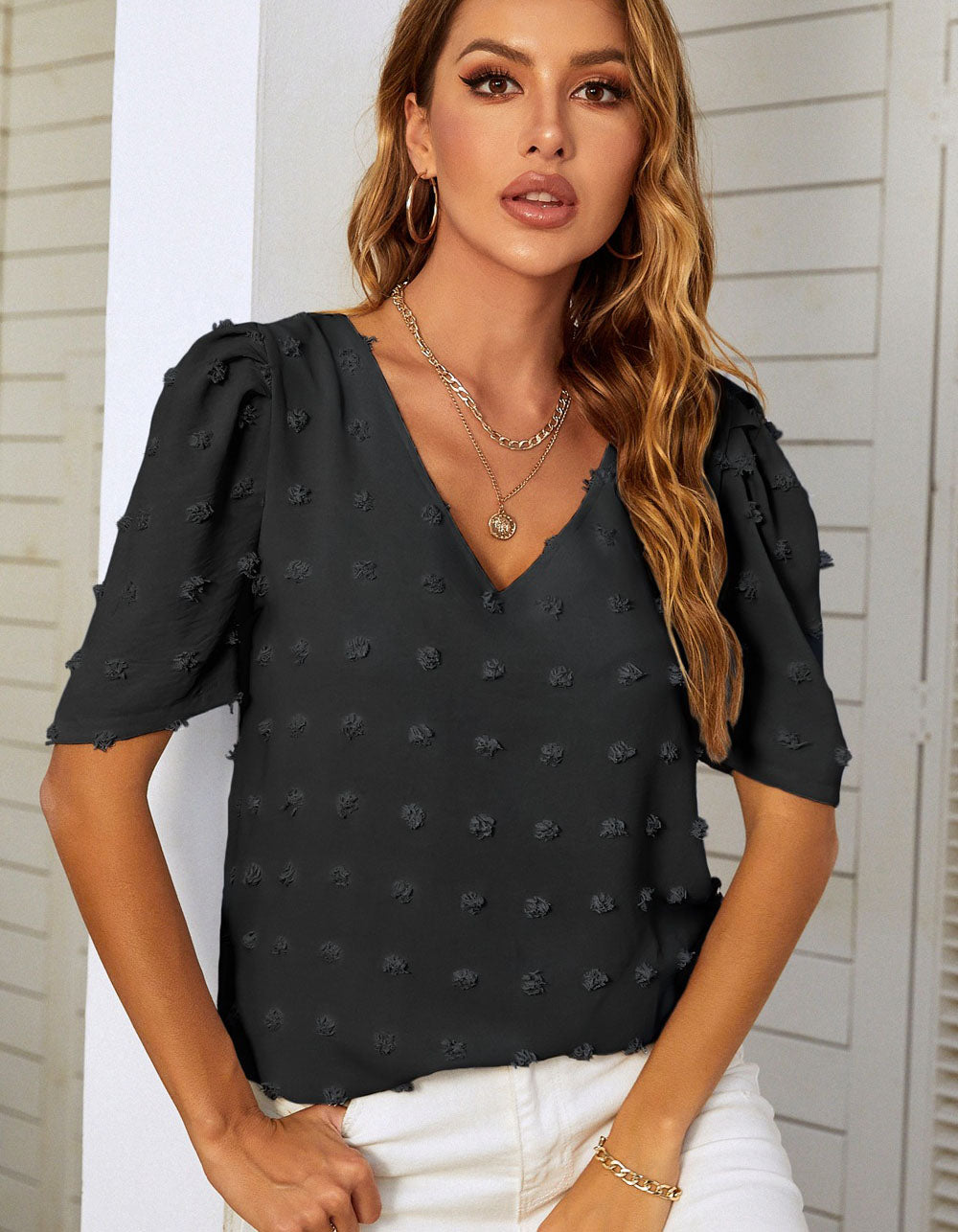 Solid-color V-neck Chiffon Short Bubble Sleeve Shirt