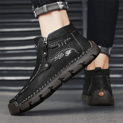 (⏰Last Day 70% OFF🔥)Men's Top-Quality Motorcycle Boots Hand-Stitched Genuine Leather Boots-Wide Toe, Waterproof， Anti-Slip， Anti-Sprain，Suitable for Work, Driving, Hiking