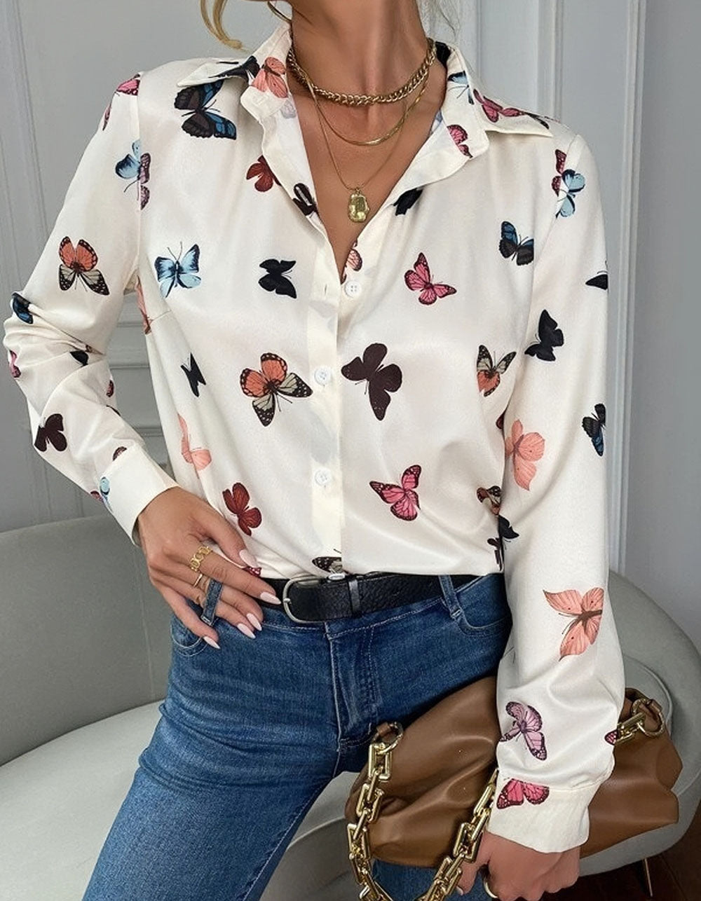 Butterfly Print Lapel Button Front Long Sleeve Shirt