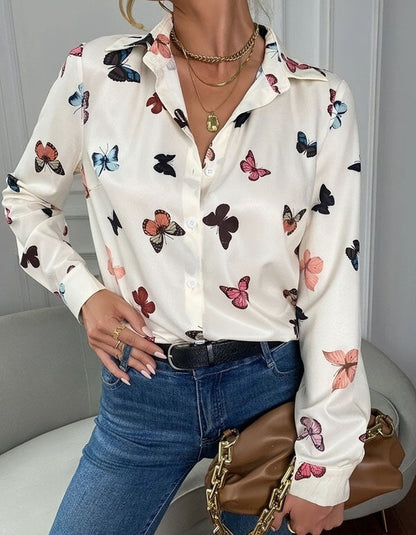 Butterfly Print Lapel Button Front Long Sleeve Shirt