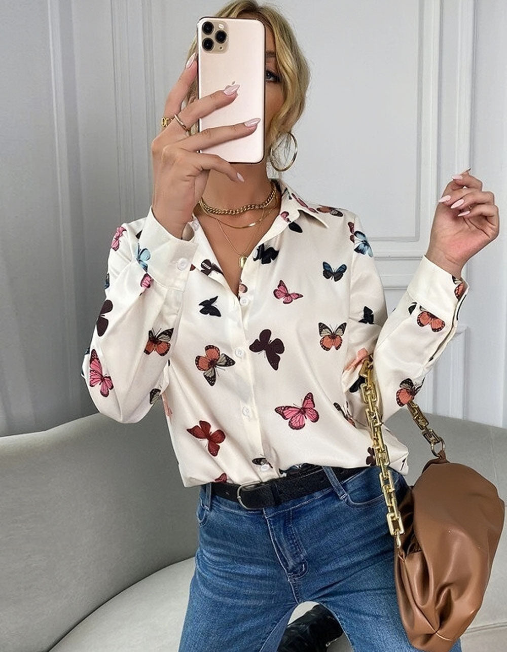 Butterfly Print Lapel Button Front Long Sleeve Shirt